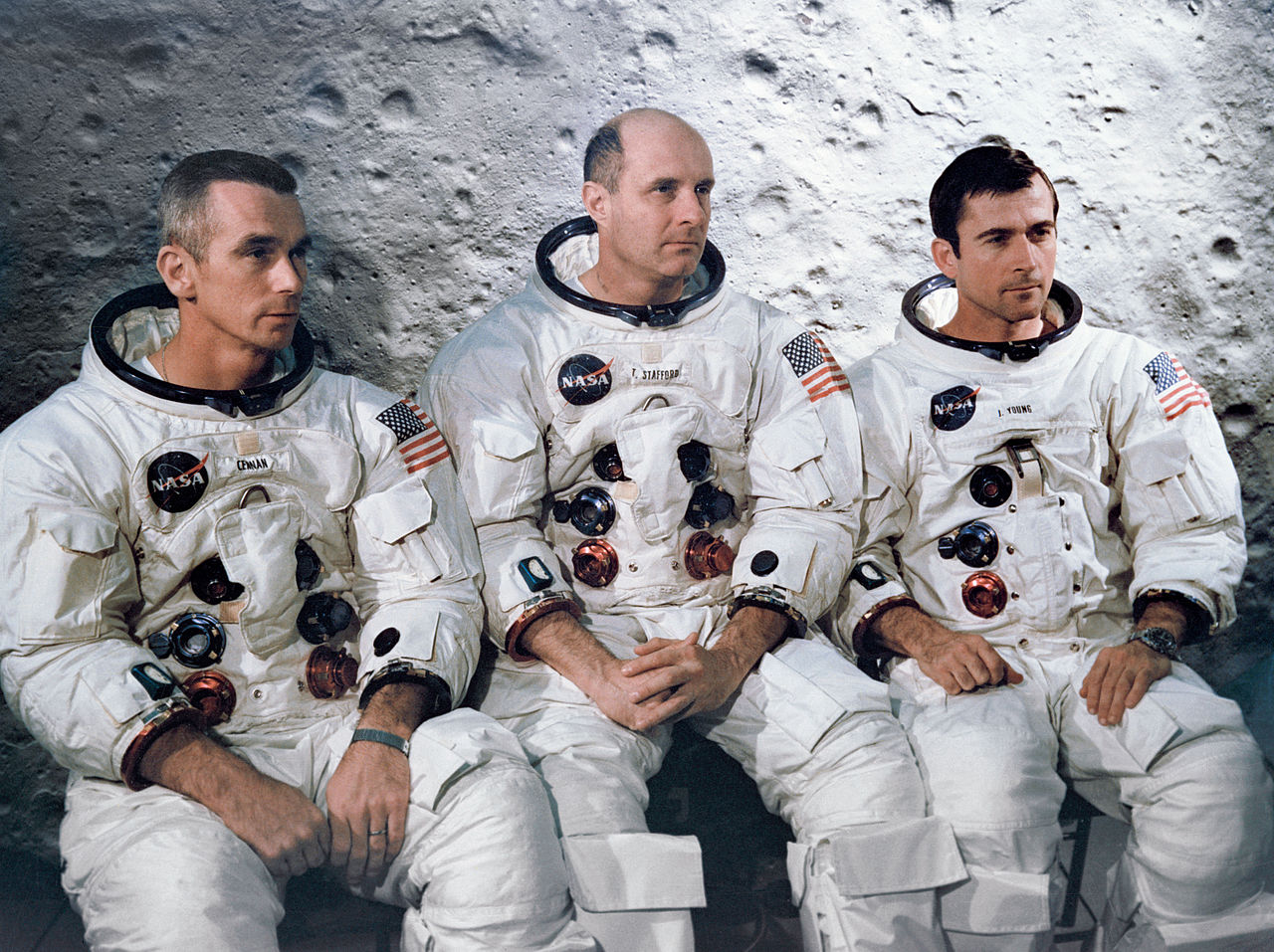 The flight crew of Apollo 10, left to right, Eugene A Cernan, Thomas P. Stafford, and John W. Young. (NASA)