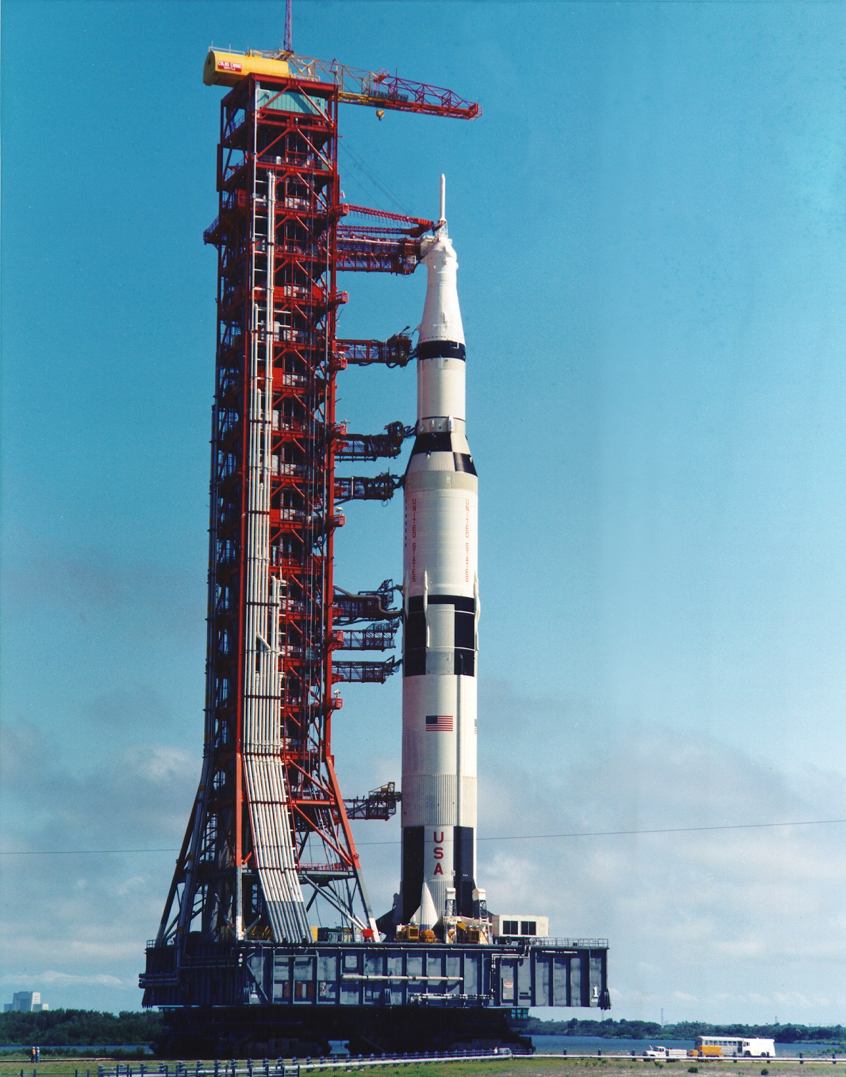 Apollo 11/Saturn V (AS-506) on the crawler transporter at Kennedy Space center, Cape Canaveral Florida, 20 May 1969. (NASA)