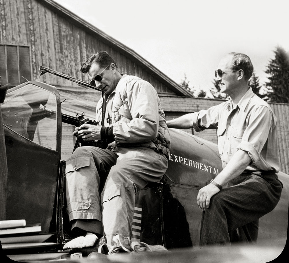 Captain Charles F. Blair, Jr., checks his astrocompass shortly before beginning his transpolar flight, 29 May 1951. (National Air and Space Museum, Smithsonian Institution)