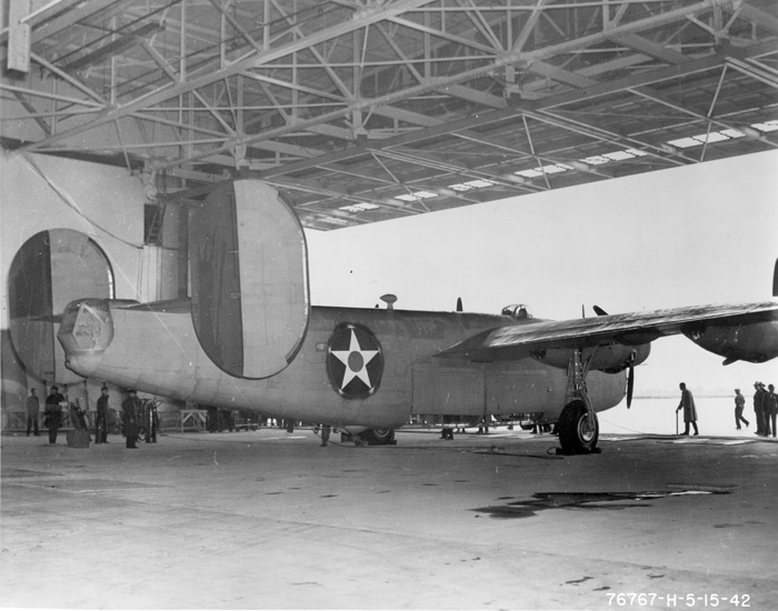 B-24E-1-FO Liberator 42-6976, the first B-24 heavy bomber to come off the assembly line at Willow Run, 15 May 1942. (The Henry Ford THF25680 Ford Motor Co. Willow Run Bomber Plant)