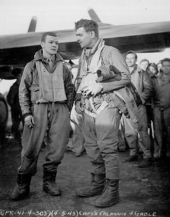 Captain William C. Calhoun, Jr. and Captain Glark Gable after the mission to Antwerp, 4 May 1943. (U.S. Air Force)