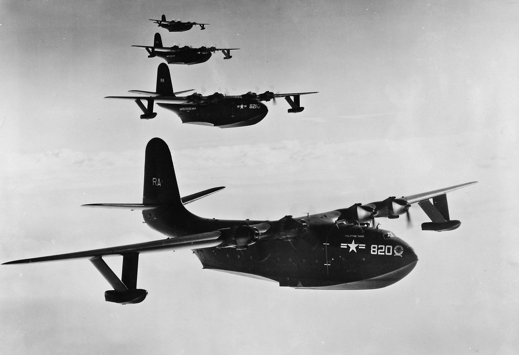 Four Martin JRM-3 Mars flying boats in formation. (U.S. Navy)