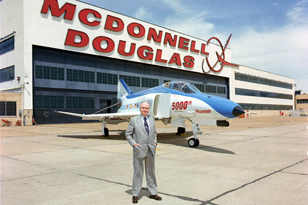 James S. McDonnell, Founder and Chairman of the Board, McDonnell Douglas Corporation, with the 5,000th Phantom. (Boeing)