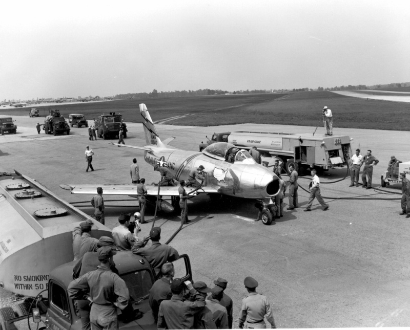 California Boomerang, 1st Lieutenant Jack Conroy's California Air National Guard F-86A-5-NA Sabre, 49-1046, being refueled at an intermediate stop, 21 May 1951. (LIFE Magazine via Jet Pilot Overseas) 