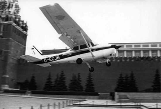 Mathias Rust lands at Red Square, Moscow, 7:43 p.m., 28 May 1987. (Salon.com)