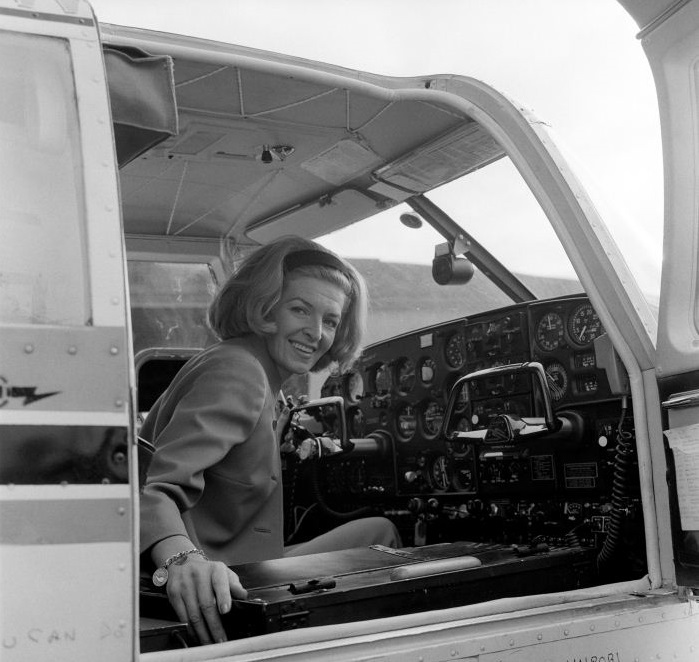 Sheila Scott in the cockpit of her Piper PA-24-260B Comanche G-ATOY, Myth Too, 1966.
