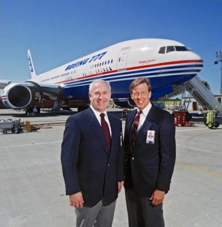 Boeing test pilots John E. Cashman and Kenny Higgins with WA001 at Paine Field. (Boeing) 
