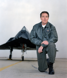 Harold "Hal" Farley, Jr., with a Lockheed F-117A Nighthawk.