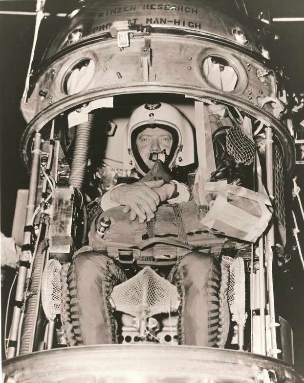 Captain Joseph W. Kittinger II, U.S. Air Force, seated in the gondola of Project Manhigh I, 2 June 1957. (U.S. Air Force)