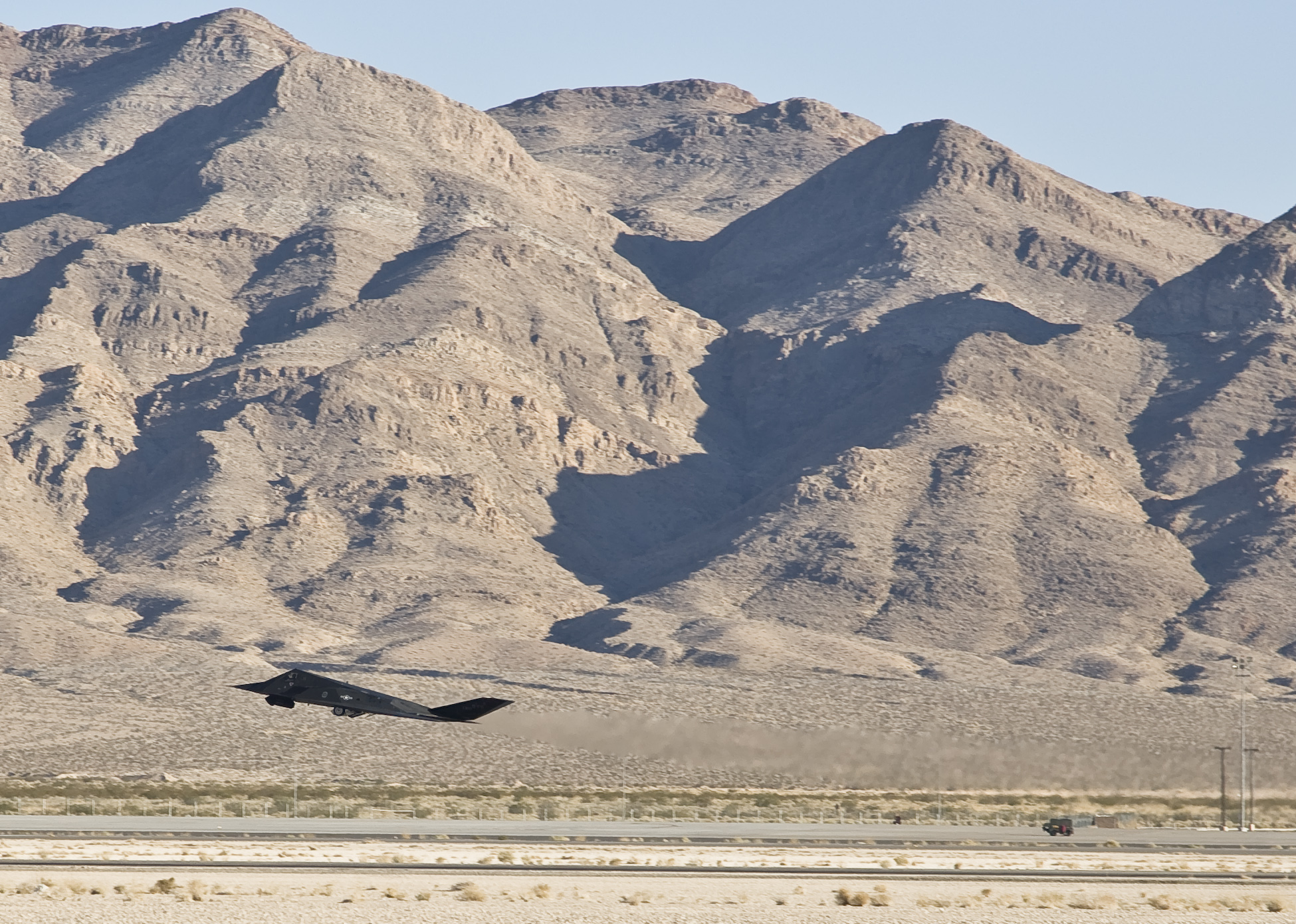 A Lockheed F-117A Nighthawk takes off from Groom Lake, Nevada.