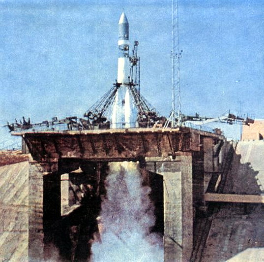 Vostok 6 just prior to engine start, Gagarin's Start, Baikonur Cosmodrome, 16 June 1963. 