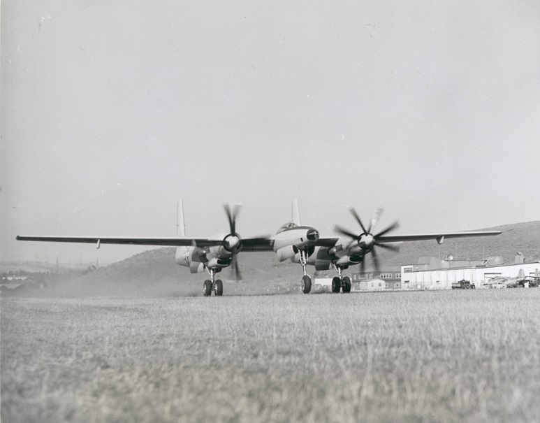 The first prototype Hughes XF-11, 44-70155, taking off from the Hughes Aircraft Company's private airport, Culver City, California. 7 July 1946.(University of Nevada, Las Vegas Libraries) 