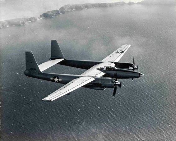 The second prototype Hughes XF-11, 44-70156, on a test flight near Anacapa Island, off the coast of Southern California, April 1946. (Hughes Aircraft Company)