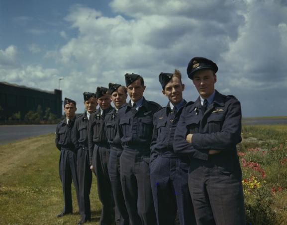 Flight Lieutenant Harold Sydney Wilson and crew. They did not fly on the Dams raid owing to illness. Left to right: Flight Sergeant Trevor H Payne, front gunner; Pilot Officer Thomas W Johnson, flight engineer; Sergeant Eric Hornby, rear gunner; Sergeant Lloyd G Mieyette, wireless operator; Pilot Officer George H Coles, bomb-aimer; Flying Officer James A Rodger, navigator; and Flight Lieutenant Harold S Wilson. All were killed when their Lancaster was shot down on the night of 15 /16 September 1943 during the raid on the Dortmund-Ems Canal. (Imperial War Museum TR 1126)