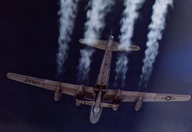 A Boeing EB-50D Superfortress carries the Bell X-1D at high altitude. (U.S. Air Force) 