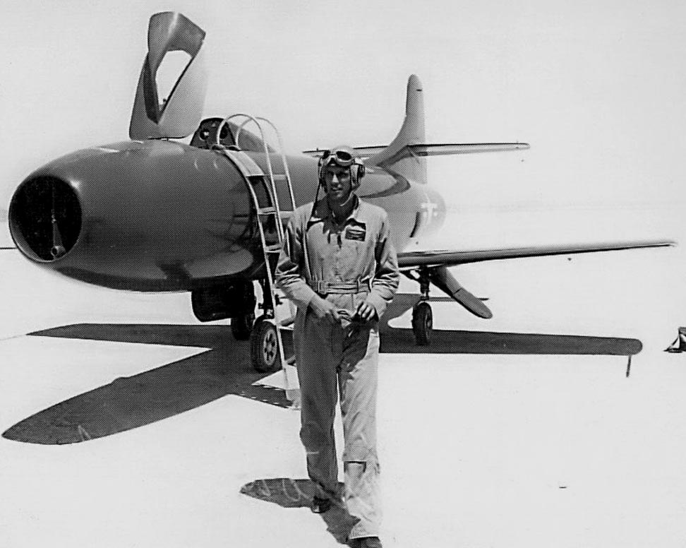 Major Marion E. Carl, USN, with a Douglas D-558-I Skystreak at Muroc Dry Lake, 1947. (U.S. Navy)