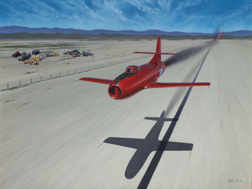 This painting depicts Major Marion E. Carl's speed record attempt over the 3 kilometer course at Muroc Dry Lake. (Steve Cox, 24" x 30", acrylic on board)