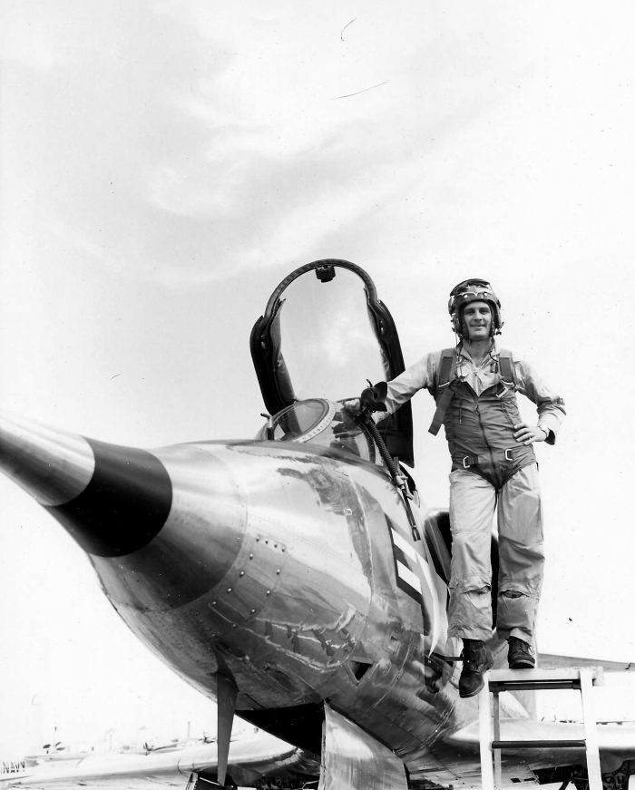 Lieutenant Gordon L. Gray, Jr., United States Navy, with record-setting Douglas YA4D-1 Skyhawk, Bu. No. 137820, at Edwards Air Force Base, 15 October 1955. (Navy Pilot Overseas)