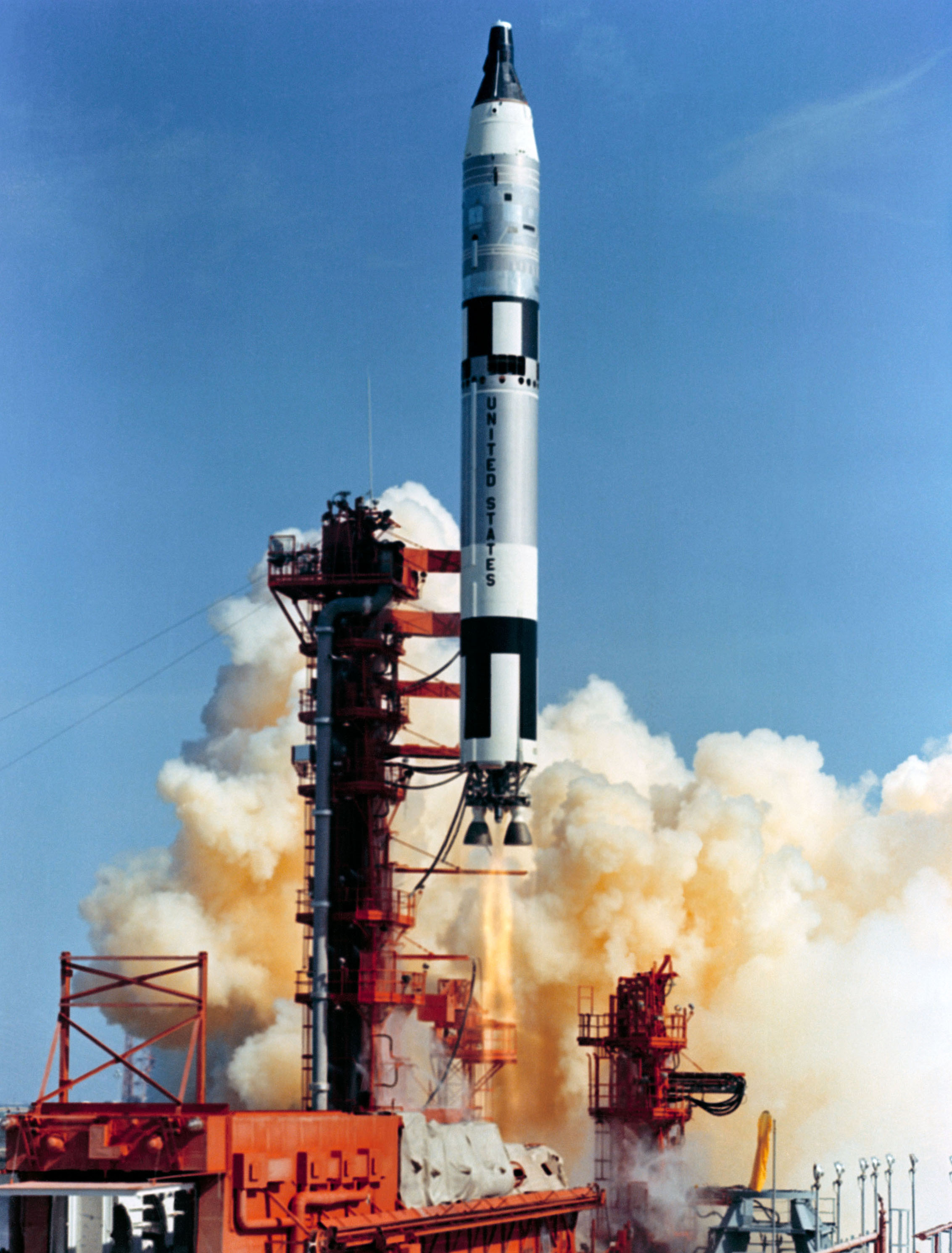 Astronauts L. Gordon Cooper, Jr., and Charles "Pete" Conrad, Jr., lift of from Launch Complex 19, Kennedy Space Center, Cape Canaveral Florida, at 13:59:59 UTC, 21 August 1965. This would be an 8-day mission. (NASA)