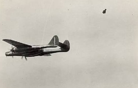 Sergeant Lawrence Lambert is ejected from a P-61B Black Widow, 17 August 1946. (U.S. Air Force)
