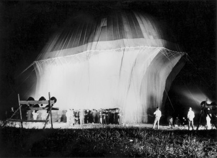 Auguste Piccard's balloon being inflated with hydrogen at Dübendorf Flughafen, Zurich, Switzerland, during the night of 17–18 August 1932. (Unattributed)