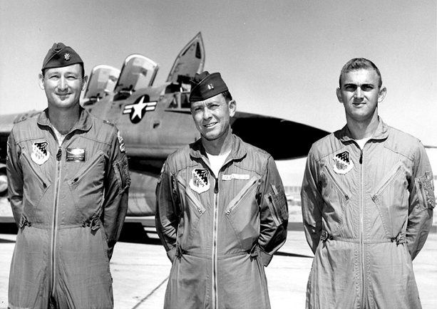 Left to right, Major Fitzhugh L. Fulton, Jr., USAF, Captain William R. Payne, USAF, and civilian flight test engineer C.R. Haines. (FAI)