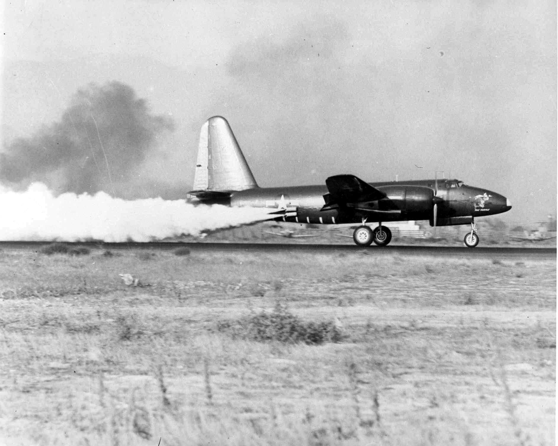 The Turtle, Lockheed P2V-1 Neptune Bu. No. 89082 demonstrates a JATO takeoff. The airplane is not carrying wingtip fuel tanks in this photograph. (U.S. Navy)
