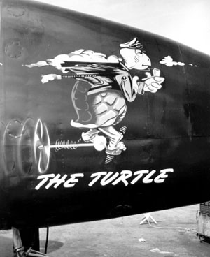 This cartoon and the name, The Turtle, was painted on each side of the nose of Lockheed P2V-1 Neptune Bu. No. 89082. (U.S. Navy) 