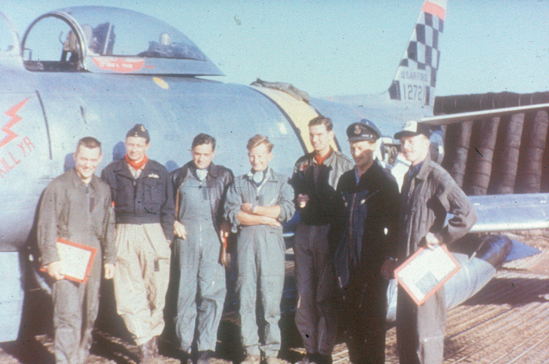 The FAI World Speed Record holder, North American Aviation F-86E-10-NA Sabre 51-2721, at Suwon Air Base, Korea, circa 1952.