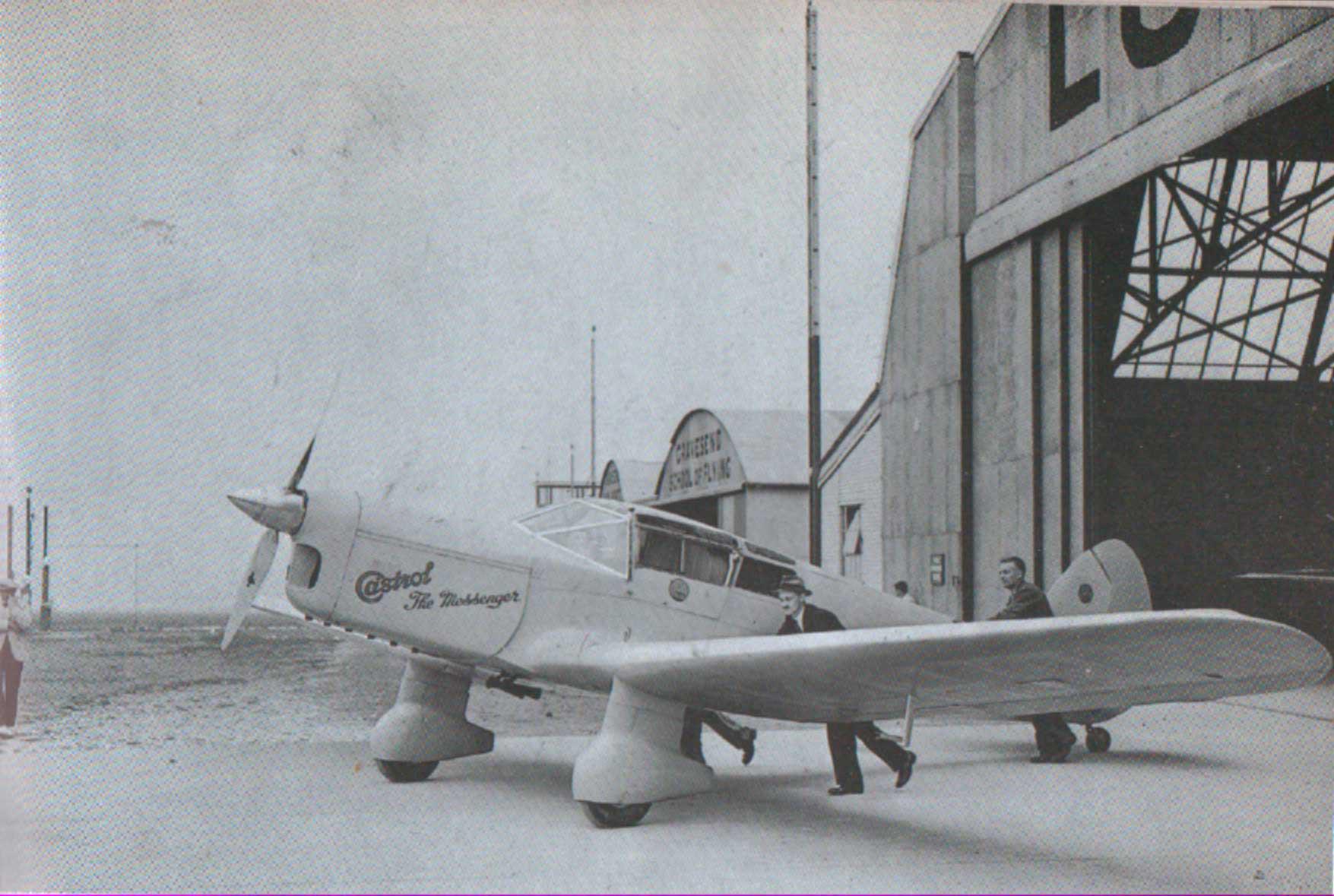 John E. Carberry's brand-new Percival P.10 Vega Gull, VP-KCC, Messenger, is rolled out of the Percival Aircraft Limited hangar at Gravesend.