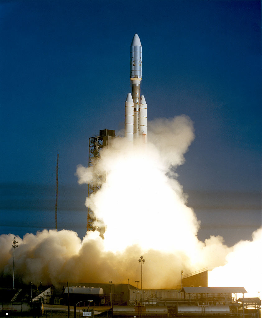 The Voyager 1 interplanetary space probe was launched from Launch Complex 41, Kennedy Space Center, Cape Canaveral, Florida, at 12:56:00 UTC, 5 September 1977. (NASA) 