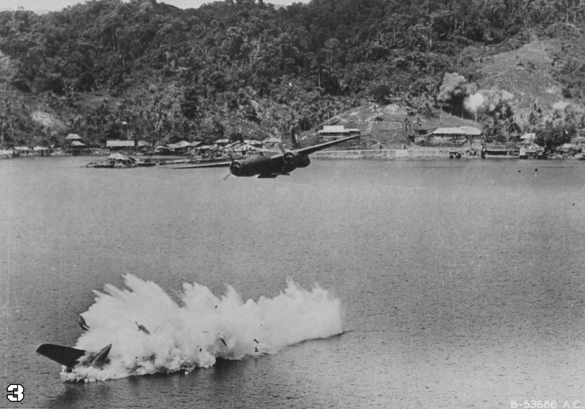 3. The attack bomber hits the water and begins to disintegrate. (U.S. Air Force)