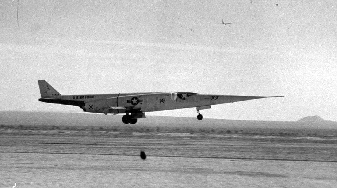 The Douglas X-3 in flight, just a few feet above the dry lake bed at Edwards AFB, California. (Cropped from a LIFE Magazine image at Jet Pilot Overseas)