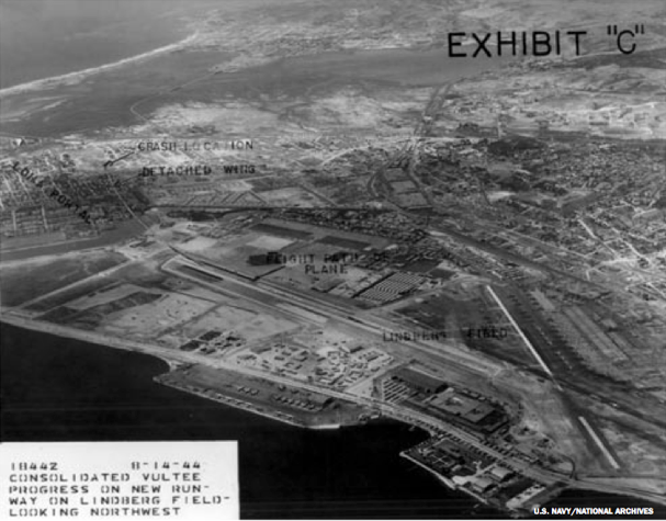 This aerial photograph of Lindbergh Field, San Diego, California, shows the location of the PB4Y-2 crash site, and nearby, the position where the outer wing panel was found. (U.S. Navy)