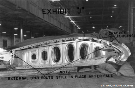 This photograph of 59544's outer left wing shows the position of the 98 missing attachment bolts. (U.S. Navy)