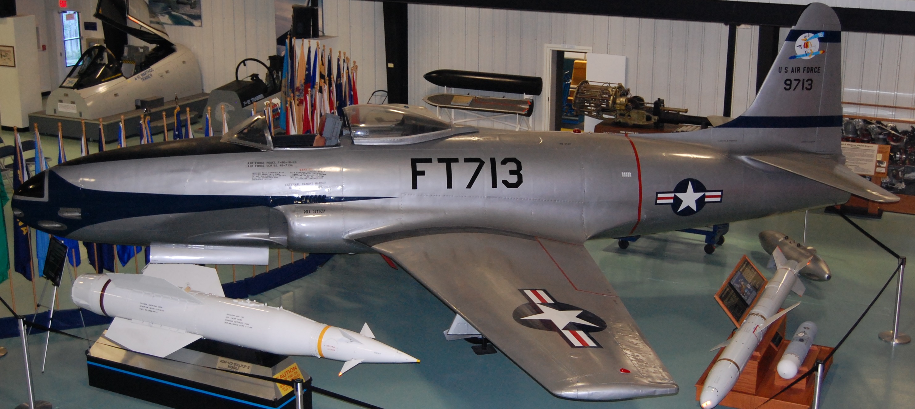 A Lockheed F-80C Shooting Star on display at the Air Force Armaments Museum, Eglin Air Force Base, Florida. The fighter is marked as F-80C-10-LO 49-713, 16th Fighter Squadron, 51st Fighter Interceptor Group, Kimpo, Korea, 1950.
