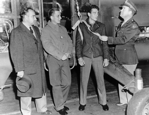 (Left to right, Dimitry D. Viner, Sikorsky chief test pilot, Steven Penninger and Joesph Pawlik, rescued from Texaco barge No. 397, and Captain Jackson E. Beighle, U.S. Army Air Forces. (Sikorsky Historical Archive)