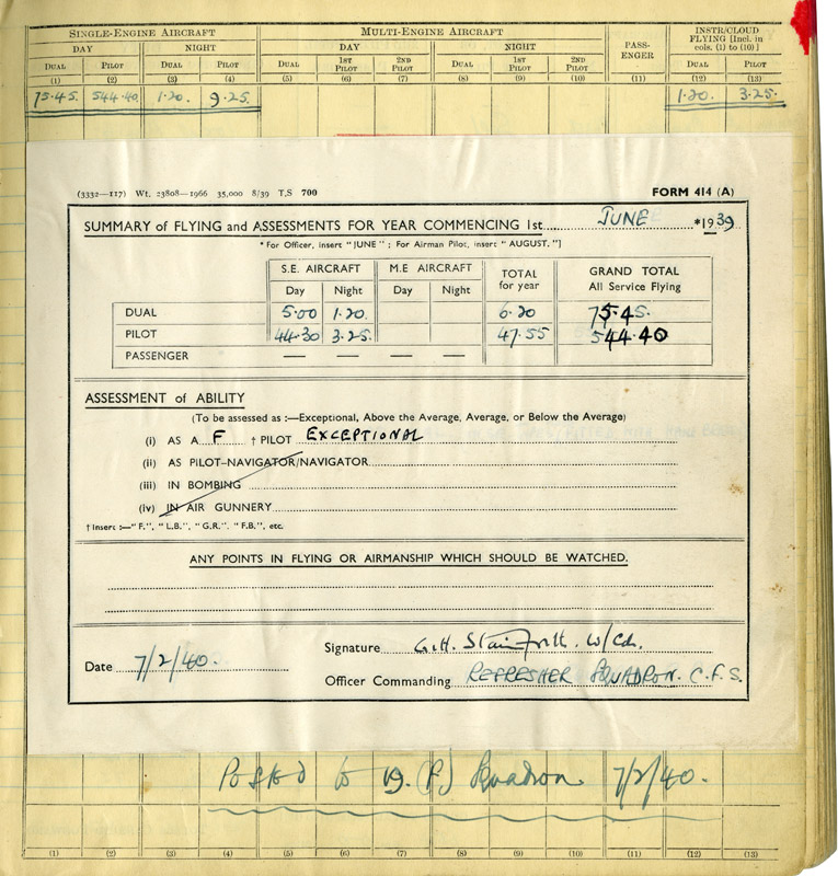 A page from Douglas bader's pilot log book, showing his "exceptional' evaluation. (Royal Air Force Museum)