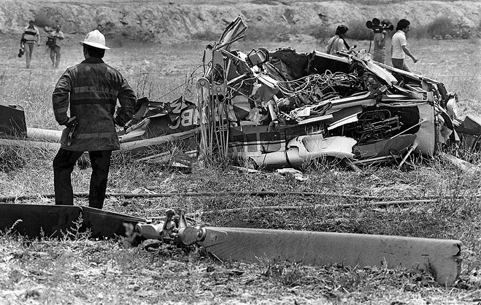 Wreckage of KNBC television's "Telecopter", Bell JetRanger N4TV. Pilot Francis Gary Powers and cameraman George Spears were killed when the helicopter crashed at Sepulveda Basin, Van Nuys, California, 12;48 p.m., 1 August 1977. (Joe Kennedy, Los Angeles Times Staff Photographer) 