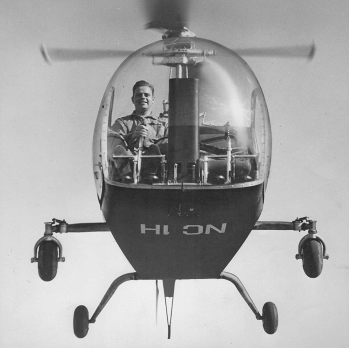 Floyd Carlson, chief Test Pilot for the Bell Aircraft Corporation, hovers the world's first civil-certified helicopter, NC1H, Serial Number One. (Niagara Aerospace Museum) 