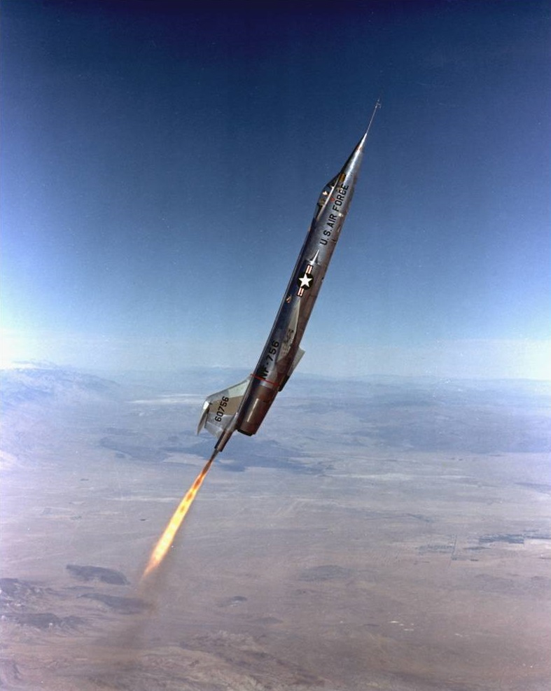 Lockheed NF-104A Aerospace Trainer 56-756, with its Rocketdyne engine firing during a zoom-climb maneuver. (U.S. Air Force)