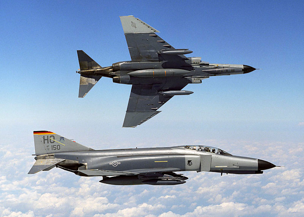 20th Fighter Squadron Luftwaffe McDonnell Douglas F-4F-54-MC Phantom 72-1150, with another F-4F over the skies of Holloman AFB, New Mexico. (U.S. Air Force)