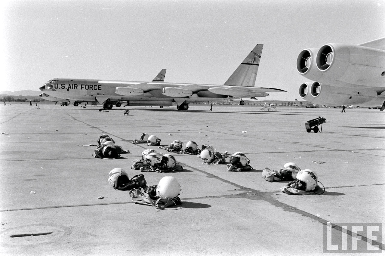 Flight helmets of the crew of Lucky Lady III, March AFB, 18 January 1957. (LIFE Magazine via Jet Pilot Overseas.)