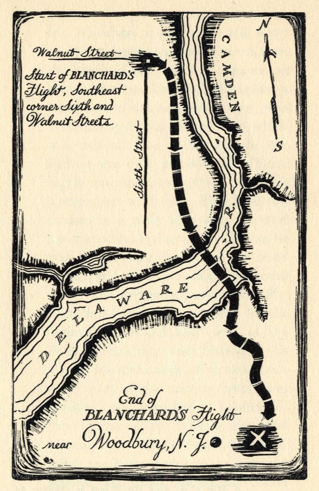 The approximate route of travel of Jean-Pierre Blanchard's balloon, 9 January 1793.