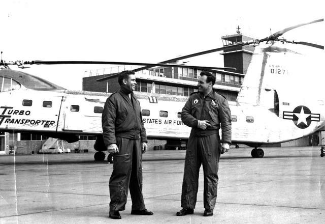 Harold W. Peterson (left) and George Callahan, with the prototype Piasecki YH-16A Turbo Transporter, 50-1270. (Photograph courtesy of Neil Corbett, Test and Research Pilots, Flight Test Engineers) 
