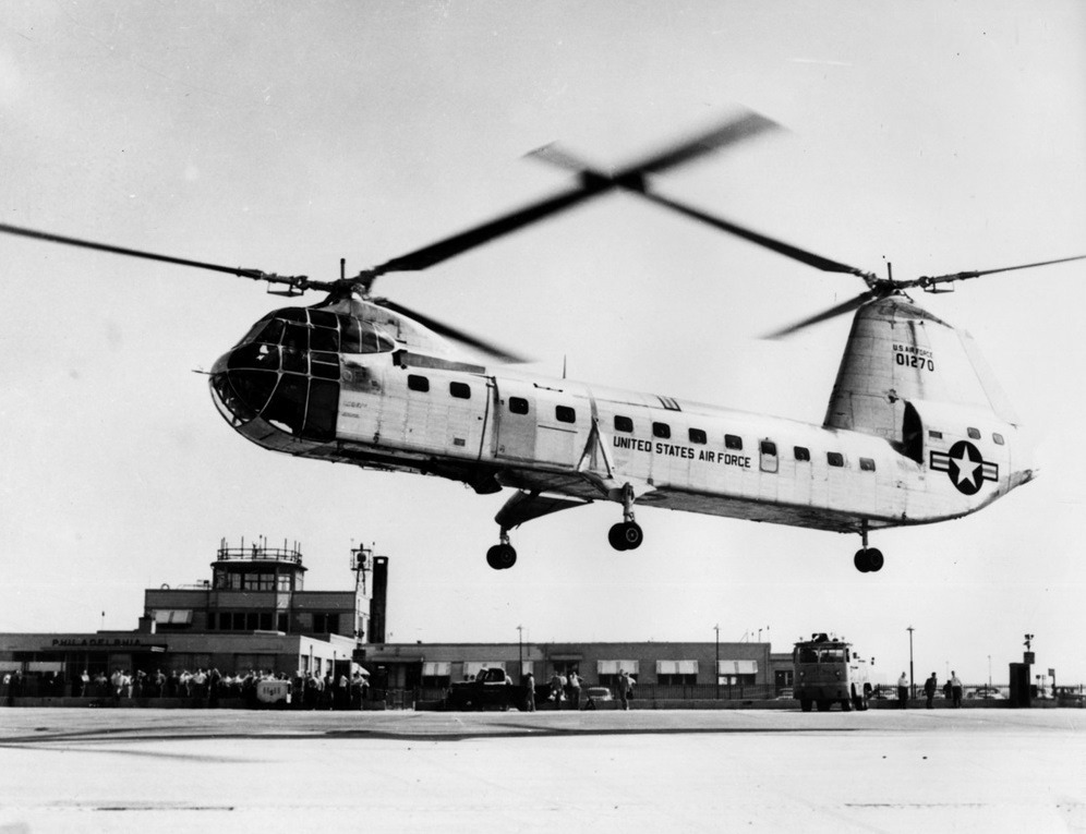 Prototype Piasecki YH-16A Transporter 50-1270, hovering in ground effect at Philadelphia Airport, 1955. (Piasecki Aircraft Corporation)