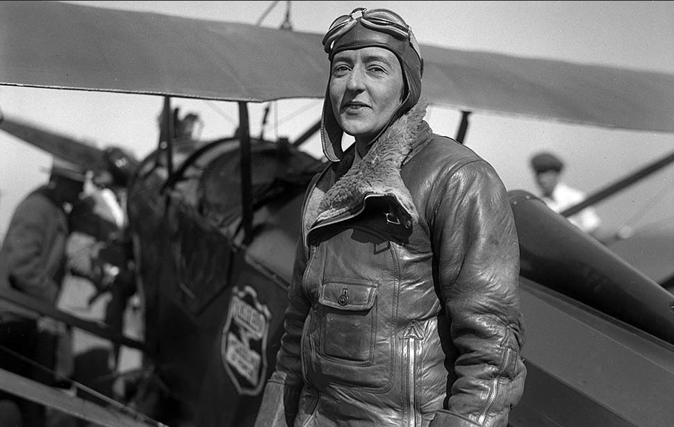 “Feb. 11, 1929: Evelyn “Bobbie” Trout, 23, standing beside her Golden Eagle airplane at Mines Field after setting women’s solo endurance flying record.” (Los Angeles Times Archive/UCLA)