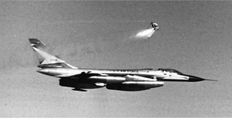 An escape capsule is launched from teh Defensive Systems Officer position of a Convair B-58 Hustler. (U.S. air Force)