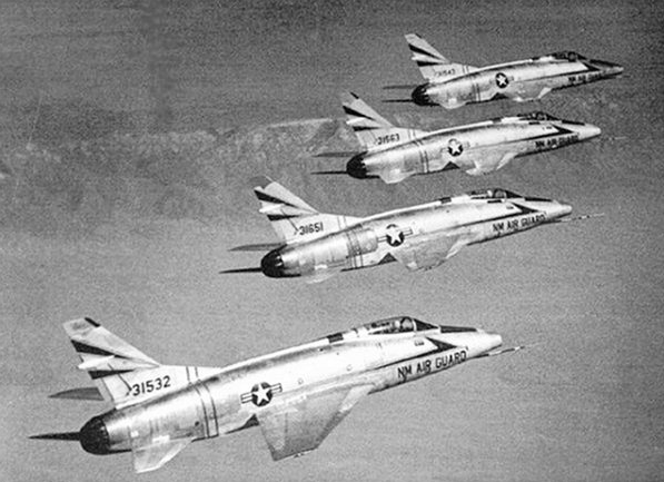 Flight of four North American F-100A Super Sabres of the 188th FIS, NMANG. (New Mexico Air National Guard)