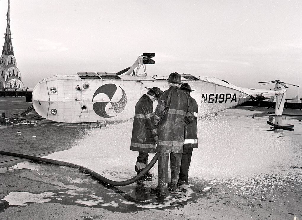 Wreck of S-61L N619PA at the Pan Am Building rooftop heliport, 16 May 1977. (Unattributed)
